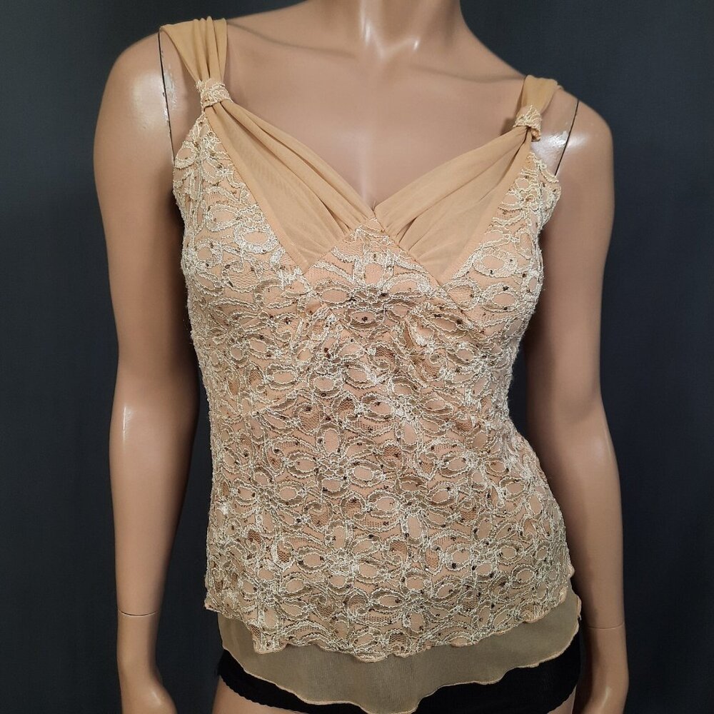 Y2K Fairy Boho Top Beige Nude Lace Sequined Sleeveless Layered V Neck Size S